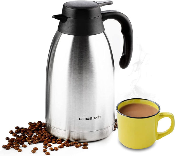 Cresimo 68 oz Stainless Steel Black Thermal Coffee Carafe Double Walled Vacuum Flask 12 Hour Heat Retention 2 Liter Tea, Wate