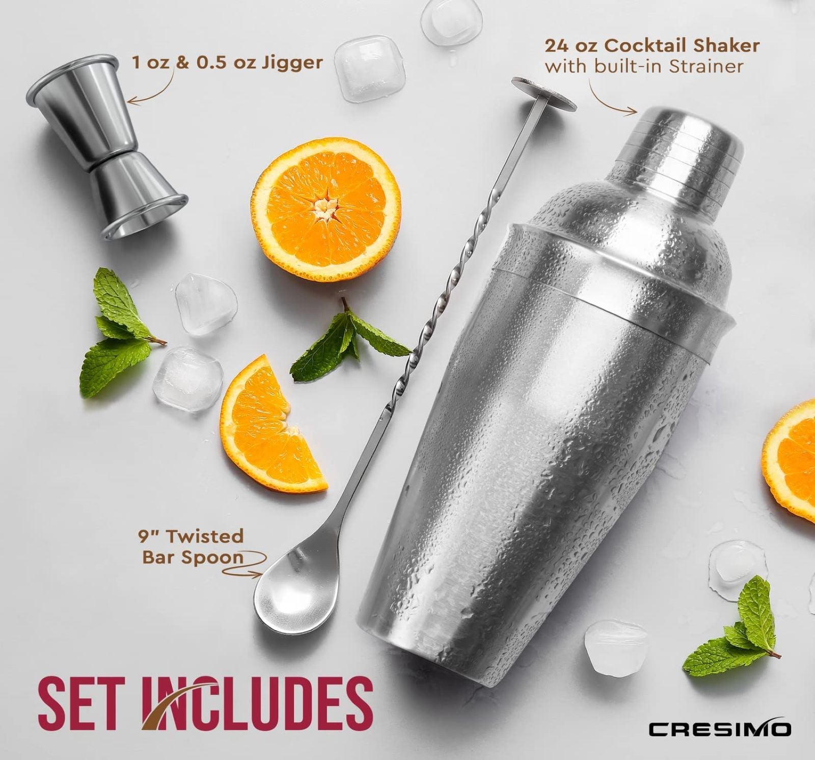 Cresimo Pro Stainless Steel Cocktail Bar Tool Set & Bonus