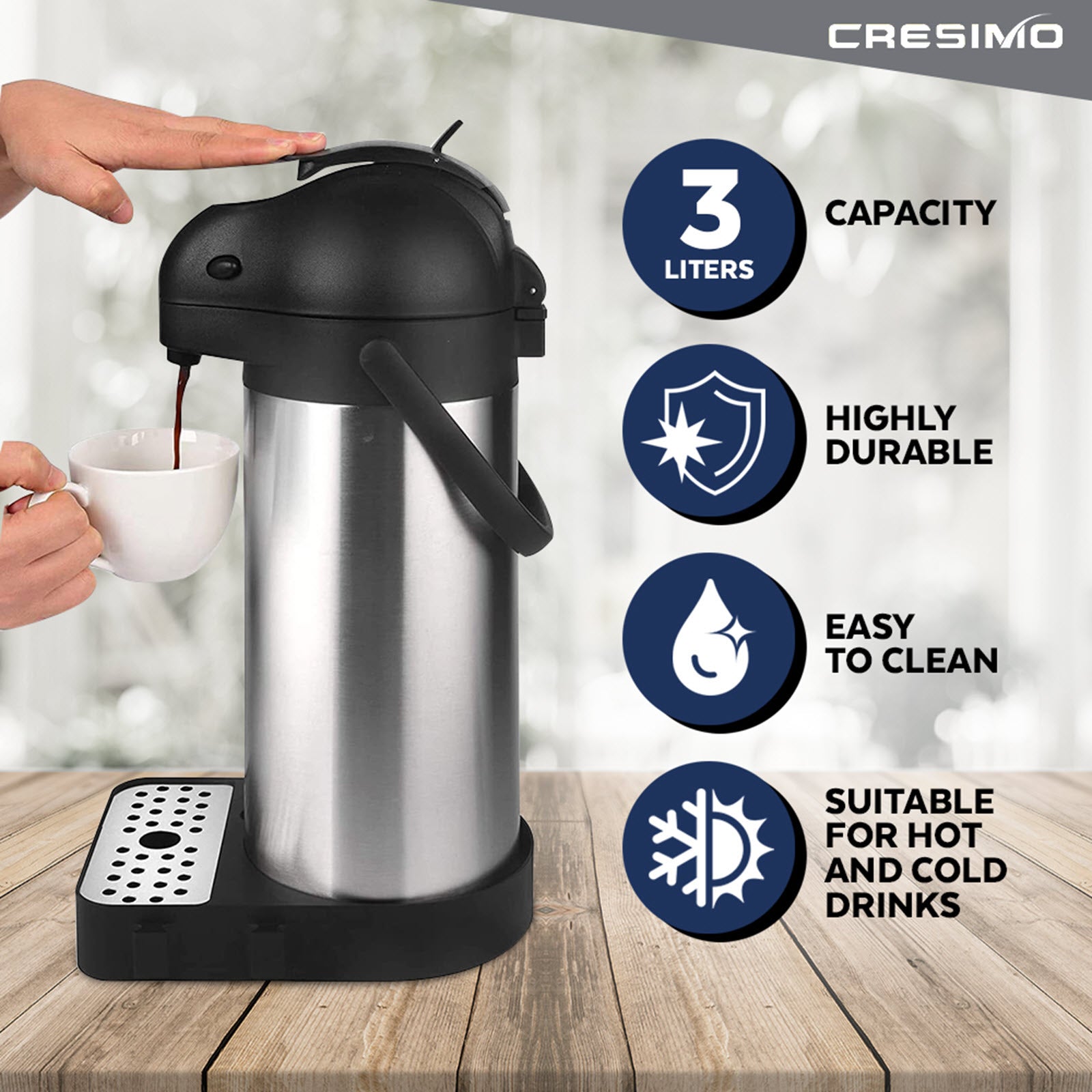 Cresimo 2.2 Liter Airpot Thermal Coffee Carafe with Pump/Lever Action/Stainless  Steel Insulated Thermos / 24 Hour Heat Retention / 24 Hour Cold Retention /  74 Ounce Pump Coffee Pot - Coffee